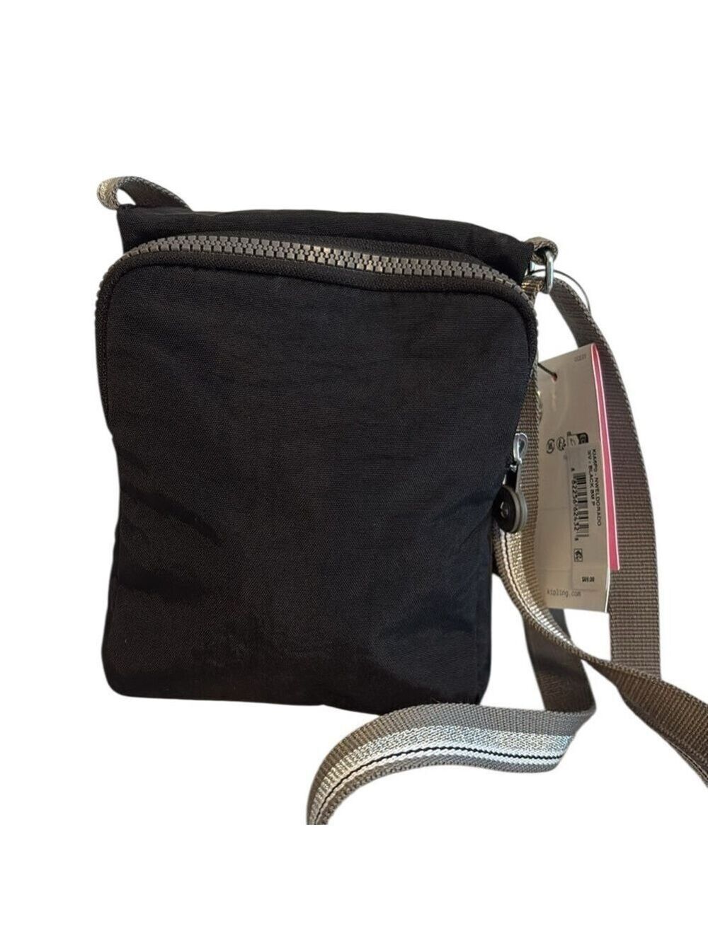 Kipling Crossbody Bag Silver Stripe Strap Multi Pocket Monkey Keychain Black New - Picture 2 of 9